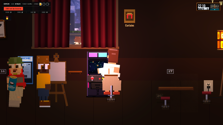 Pixel-art patrons spend a night at the dive bar’s arcade machines.