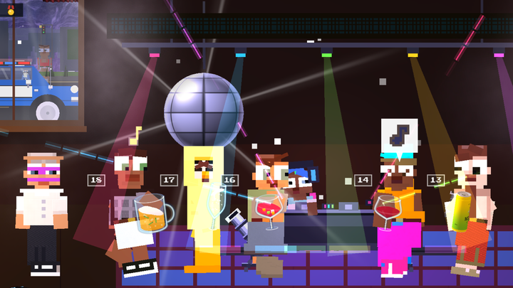 Gameplay in the family dive bar, with a colourful crowd dancing beneath a disco ball.