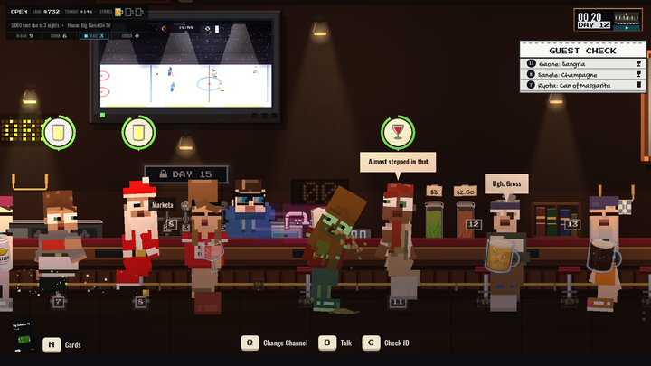 A packed counter on Big Game Day: a green-faced customer is sick on the floor while the regulars turn to look, with hockey on the wall TV and the guest check pinned up.