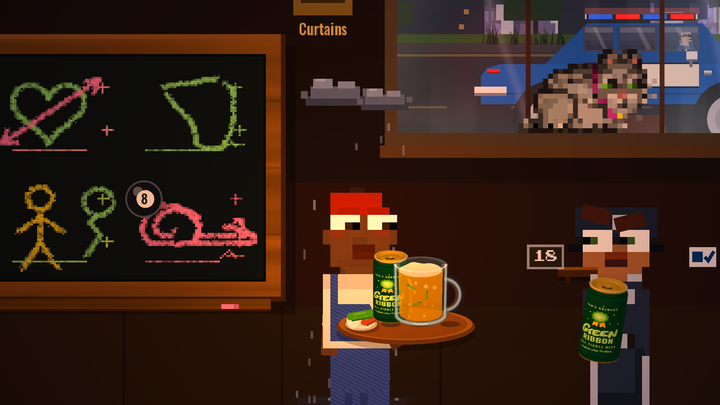 A patron holds a tray of drinks and snacks under a personal rain cloud, with a cat and police officer at the window.