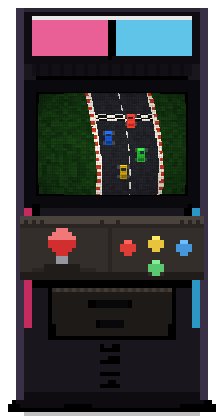 The full arcade cabinet from the bar, with a neon marquee, joystick, buttons, and coin door.